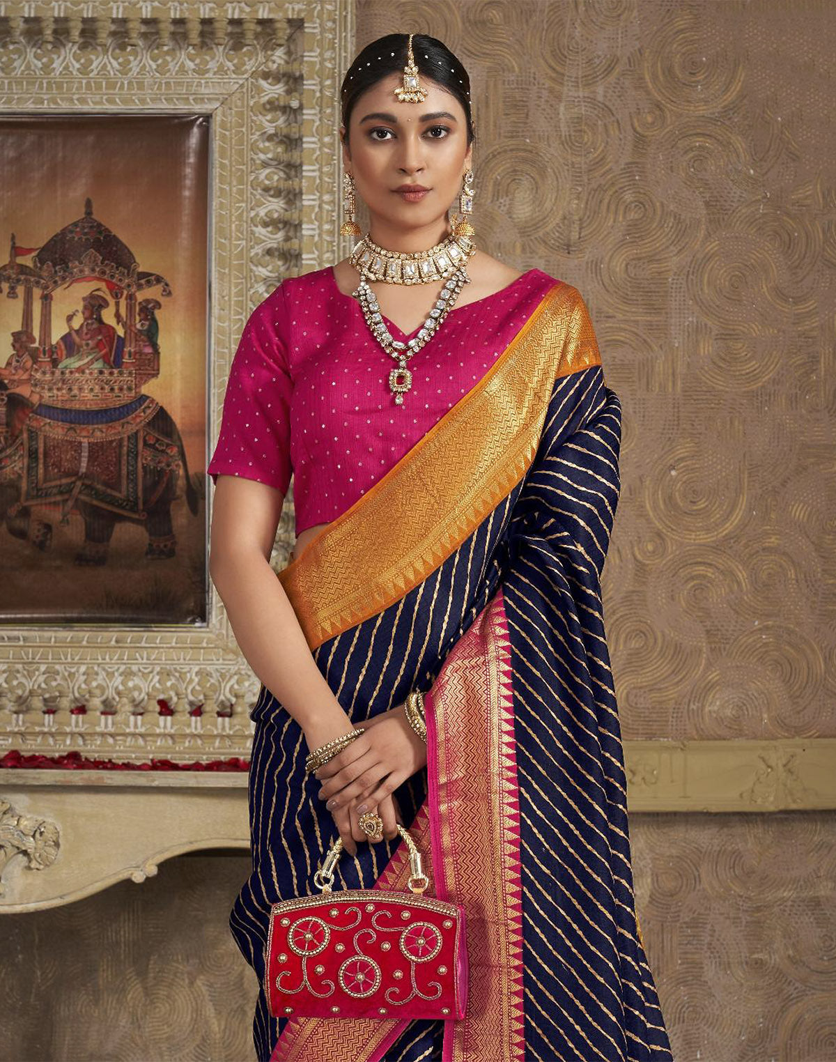 Navy Blue Dola Silk Contrast Saree with Ganga Jamuna Border