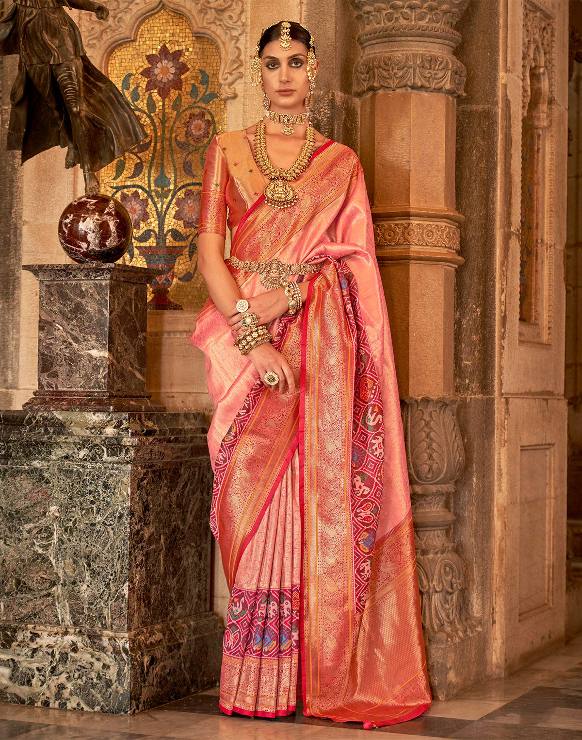 Peach Zari weaving Banaras Meenakari Silk Saree
