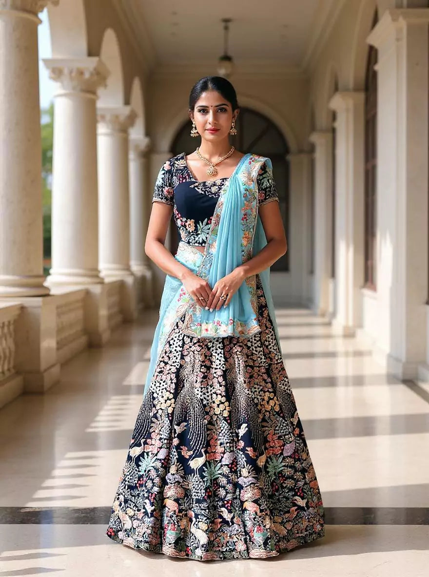 Full All Over Heavy Cutdana work Navy Blue Bridal Half Saree