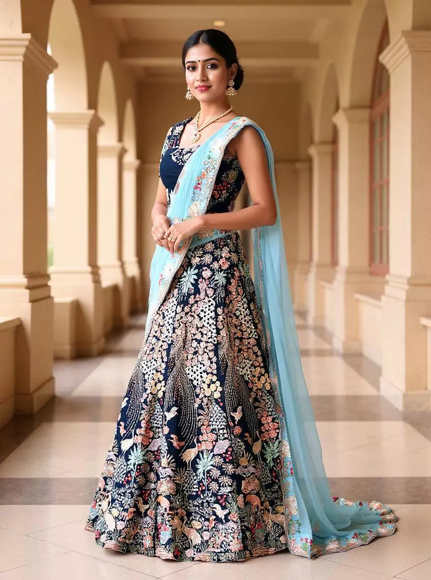 Full All Over Heavy Cutdana work Navy Blue Bridal Half Saree