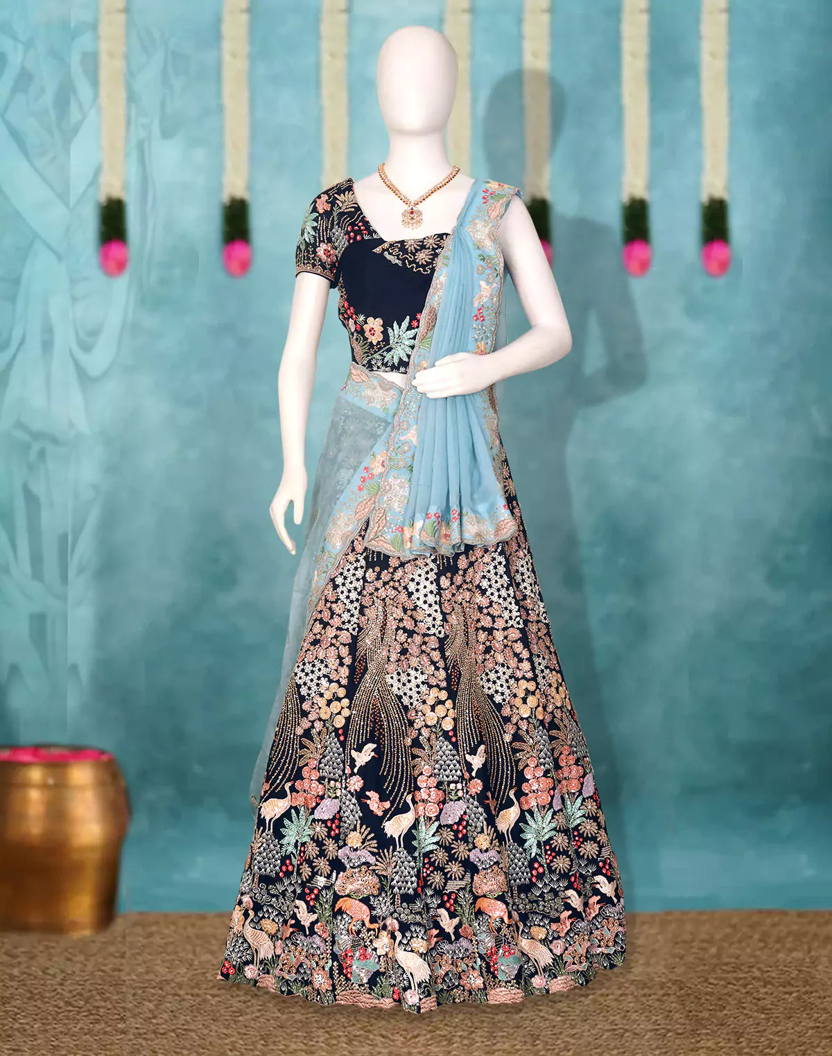 Full All Over Heavy Cutdana work Navy Blue Bridal Half Saree