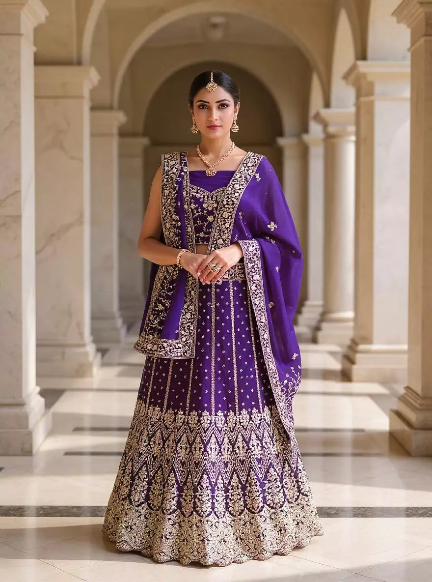 Beautifully Jimmy Choo Heavy Stones with Gold Zari work Purple Lehenga Set