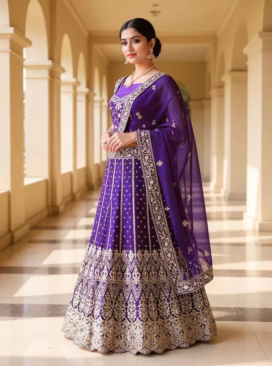 Beautifully Jimmy Choo Heavy Stones with Gold Zari work Purple Lehenga Set