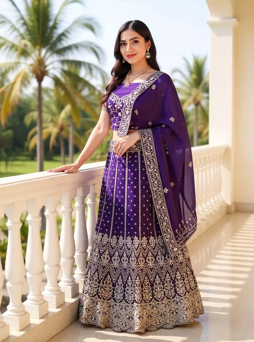 Beautifully Jimmy Choo Heavy Stones with Gold Zari work Purple Lehenga Set