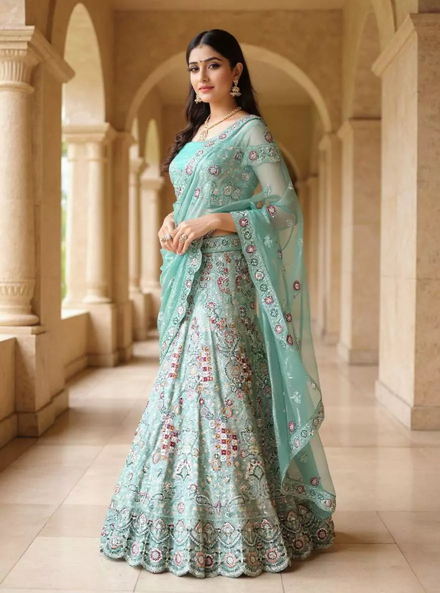 Designer Netted Heavy Zardosi and Sequins work Lehenga Set in Sea Green