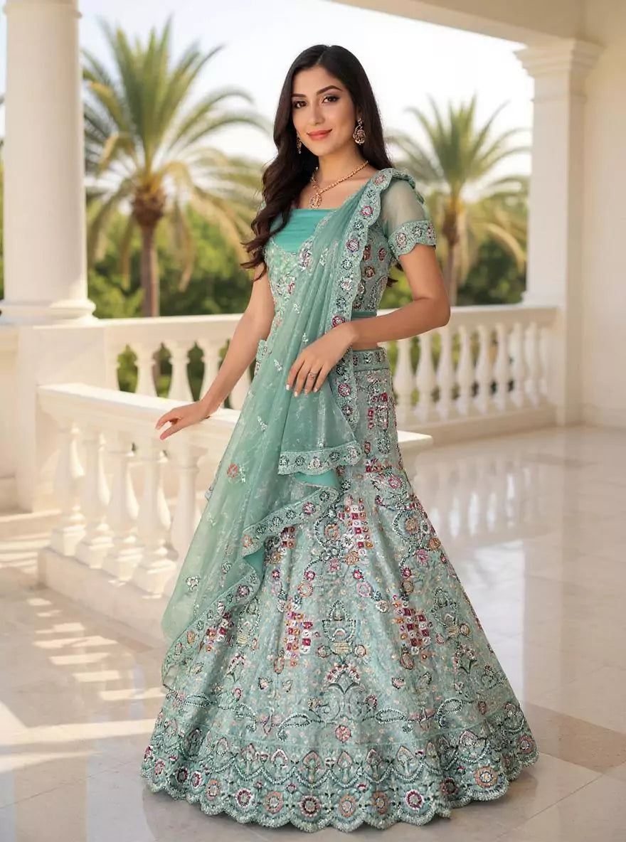 Designer Netted Heavy Zardosi and Sequins work Lehenga Set in Sea Green