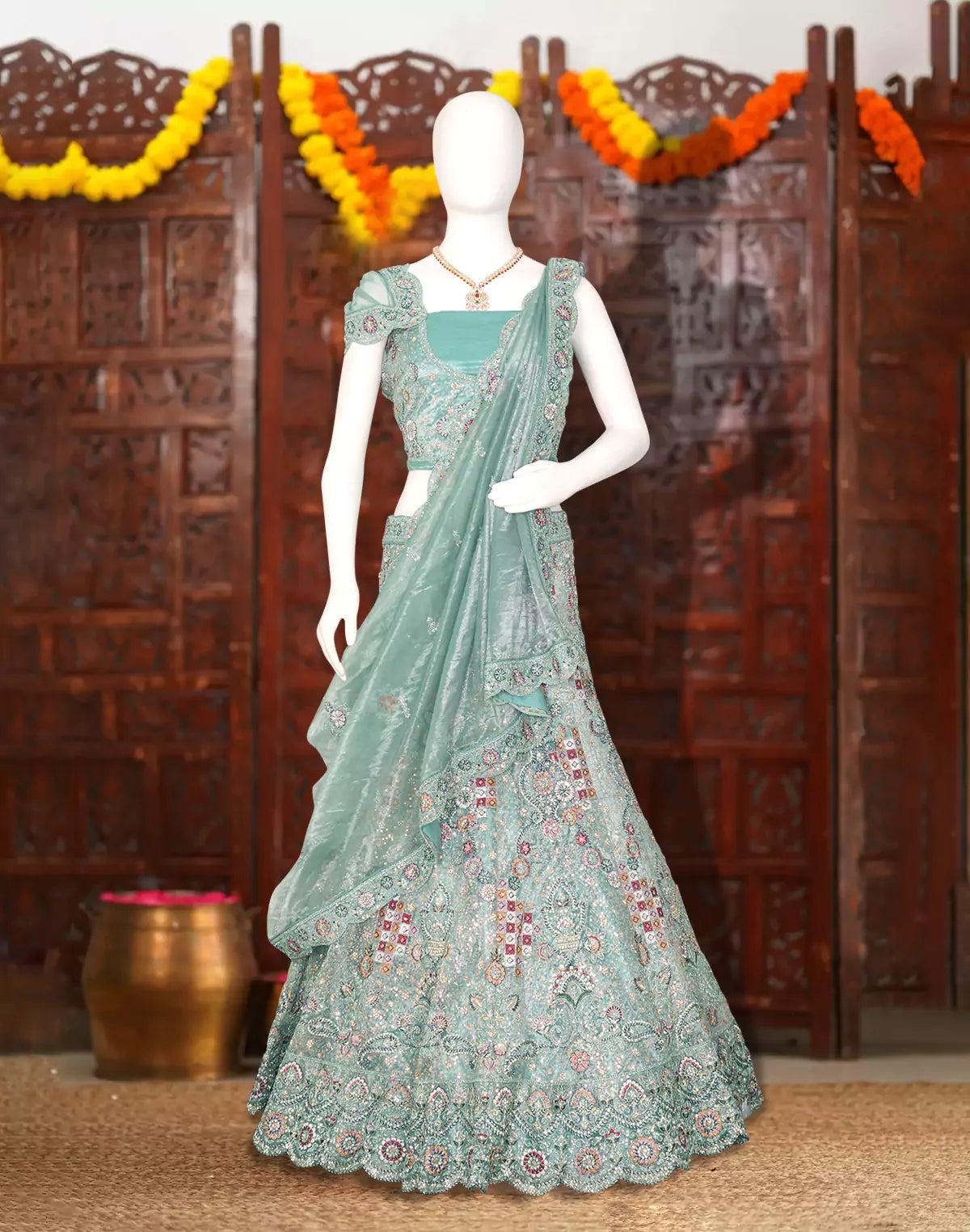 Designer Netted Heavy Zardosi and Sequins work Lehenga Set in Sea Green