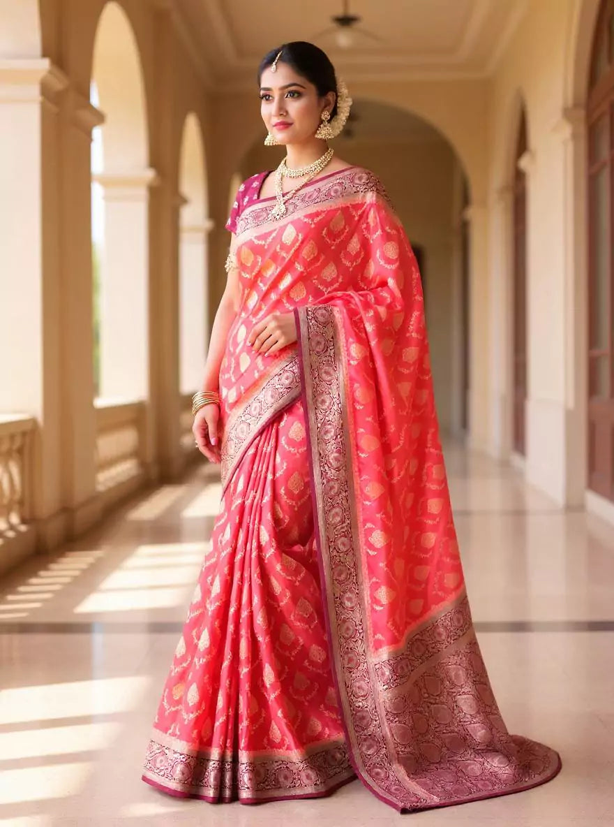Dark Orange Floral Satan Softy Zari Jaal Banarasi Mushroom Silk Saree