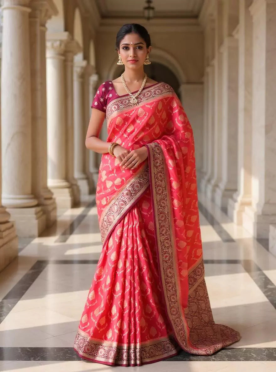 Dark Orange Floral Satan Softy Zari Jaal Banarasi Mushroom Silk Saree