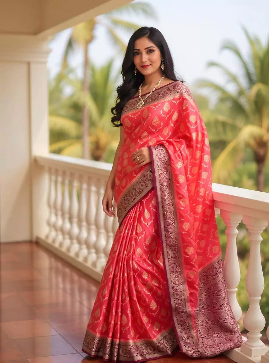 Dark Orange Floral Satan Softy Zari Jaal Banarasi Mushroom Silk Saree