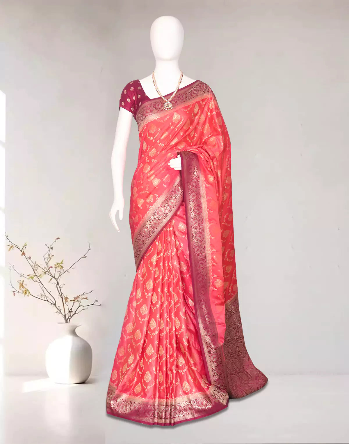 Dark Orange Floral Satan Softy Zari Jaal Banarasi Mushroom Silk Saree