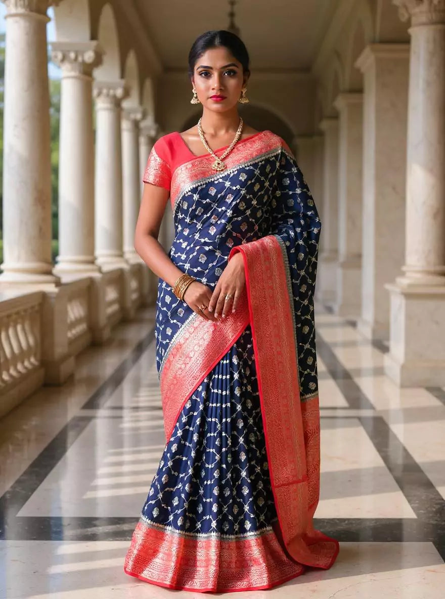 Navy Blue Floral Raw Silver Zari Banaras Jute Silk Saree