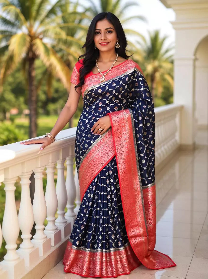 Navy Blue Floral Raw Silver Zari Banaras Jute Silk Saree