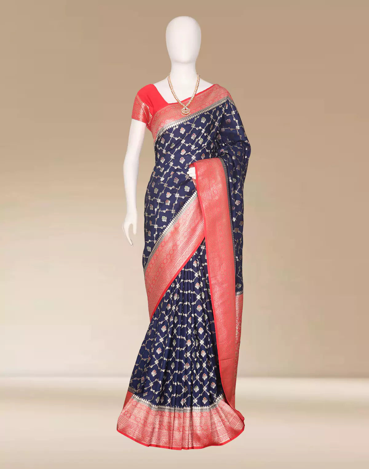 Navy Blue Floral Raw Silver Zari Banaras Jute Silk Saree