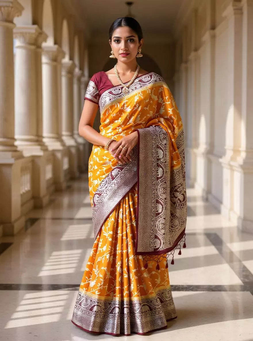 Mustard Birds with Animal Zari Banaras Jute Silk Saree