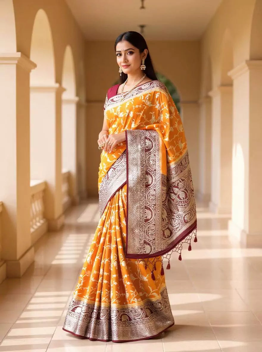Mustard Birds with Animal Zari Banaras Jute Silk Saree