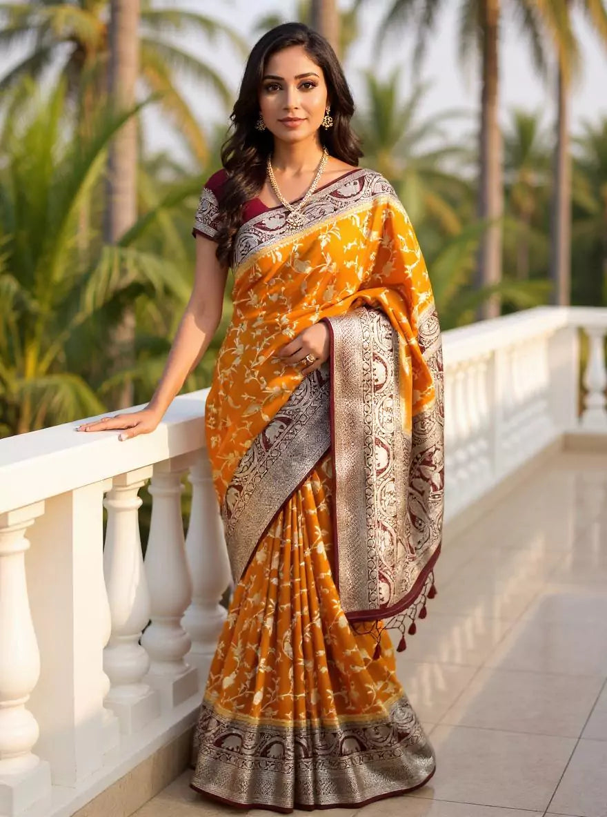 Mustard Birds with Animal Zari Banaras Jute Silk Saree