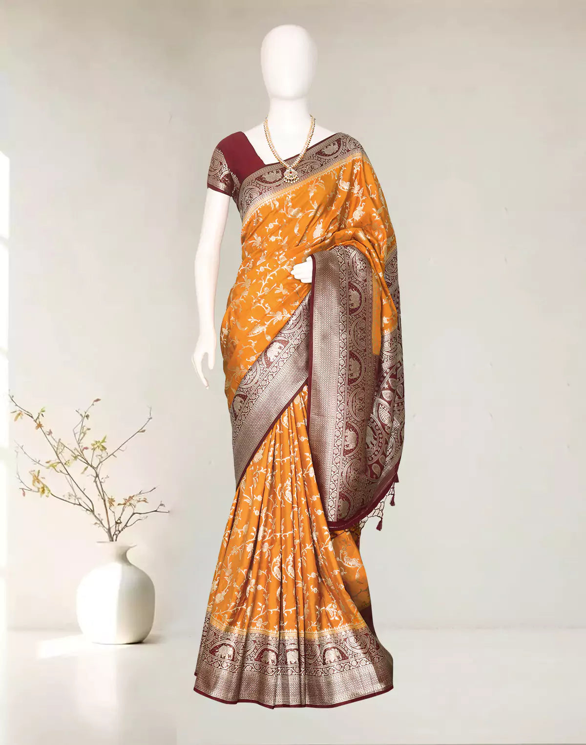 Mustard Birds with Animal Zari Banaras Jute Silk Saree