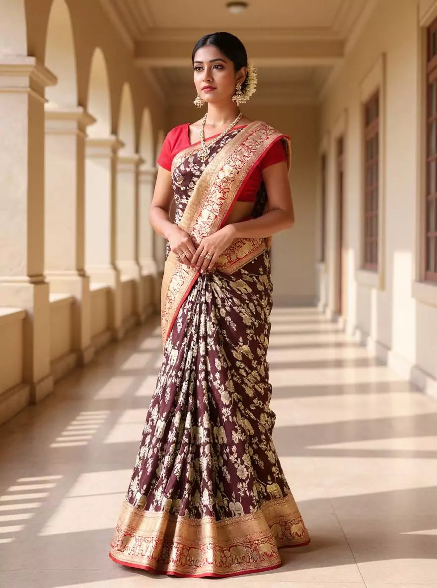 Maroon Floral with Animal Zari Banaras Georgette Saree