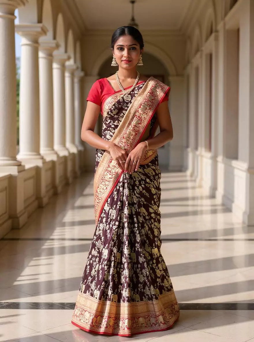Maroon Floral with Animal Zari Banaras Georgette Saree