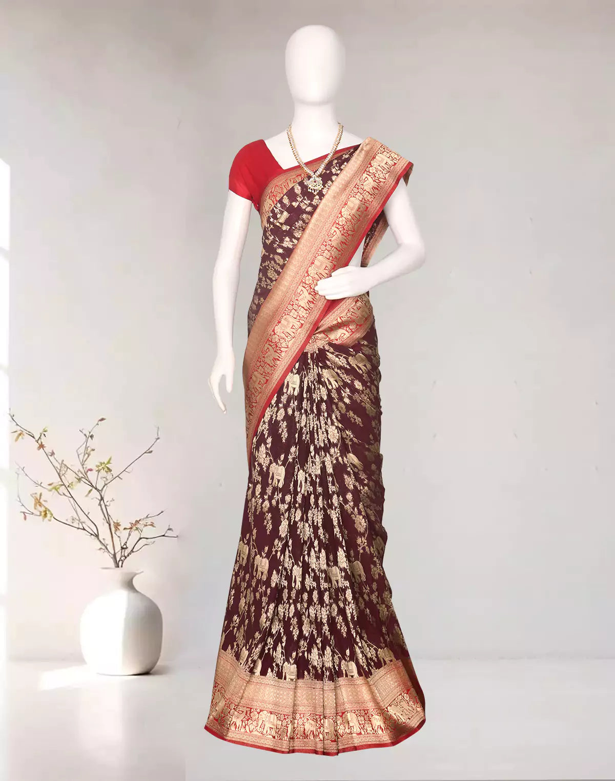 Maroon Floral with Animal Zari Banaras Georgette Saree