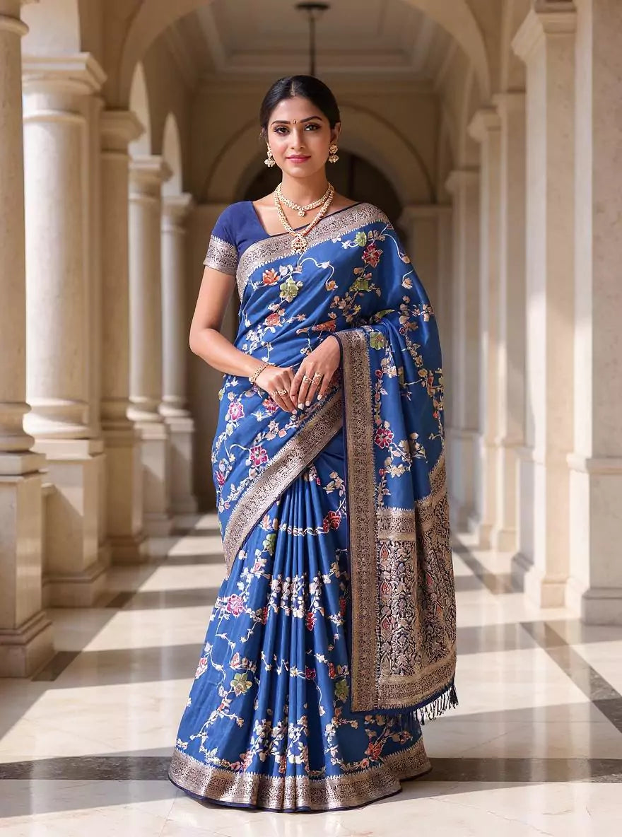 Cyan Blue Floral Banaras Chinon Silk Self Saree