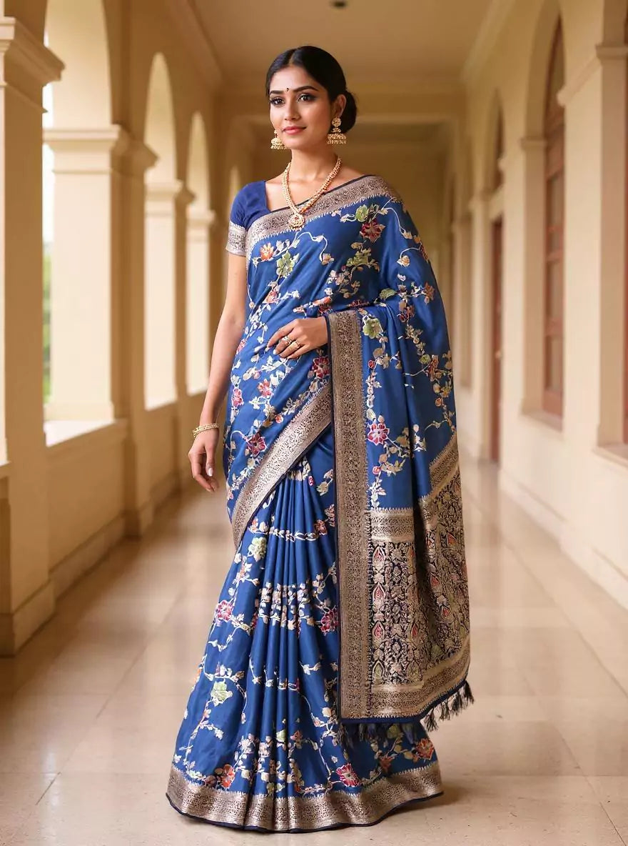 Cyan Blue Floral Banaras Chinon Silk Self Saree