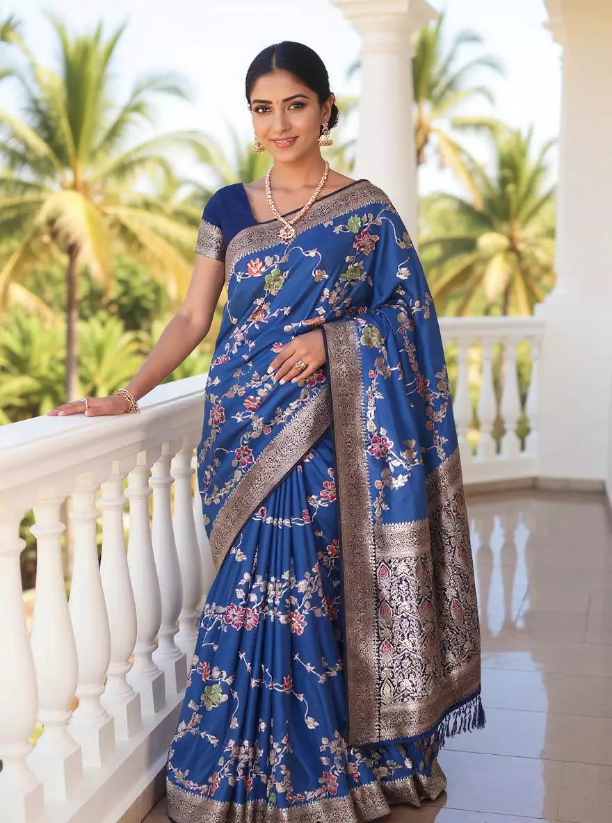 Cyan Blue Floral Banaras Chinon Silk Self Saree