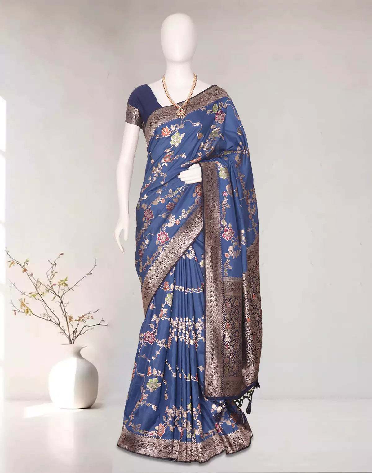 Cyan Blue Floral Banaras Chinon Silk Self Saree