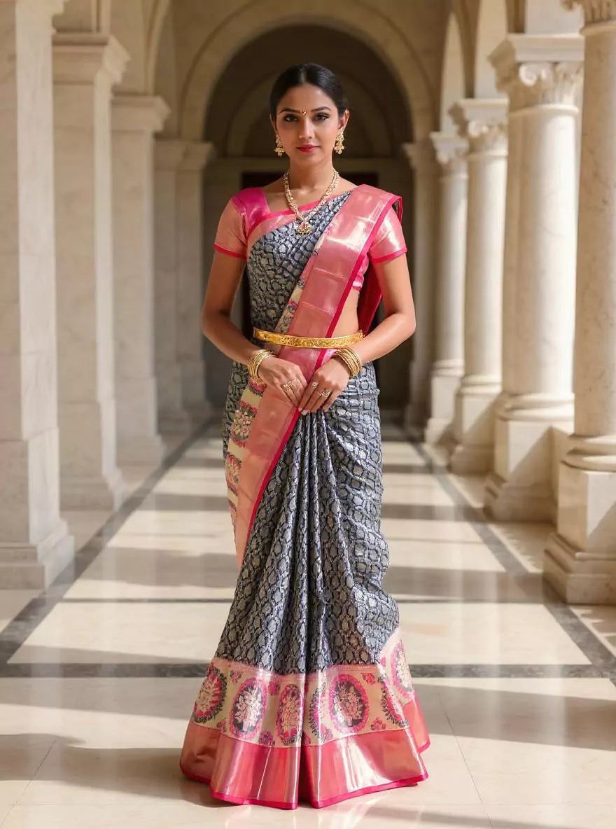 Navy Blue Floral Silver Zari Kanchi Meenakari Silk Saree