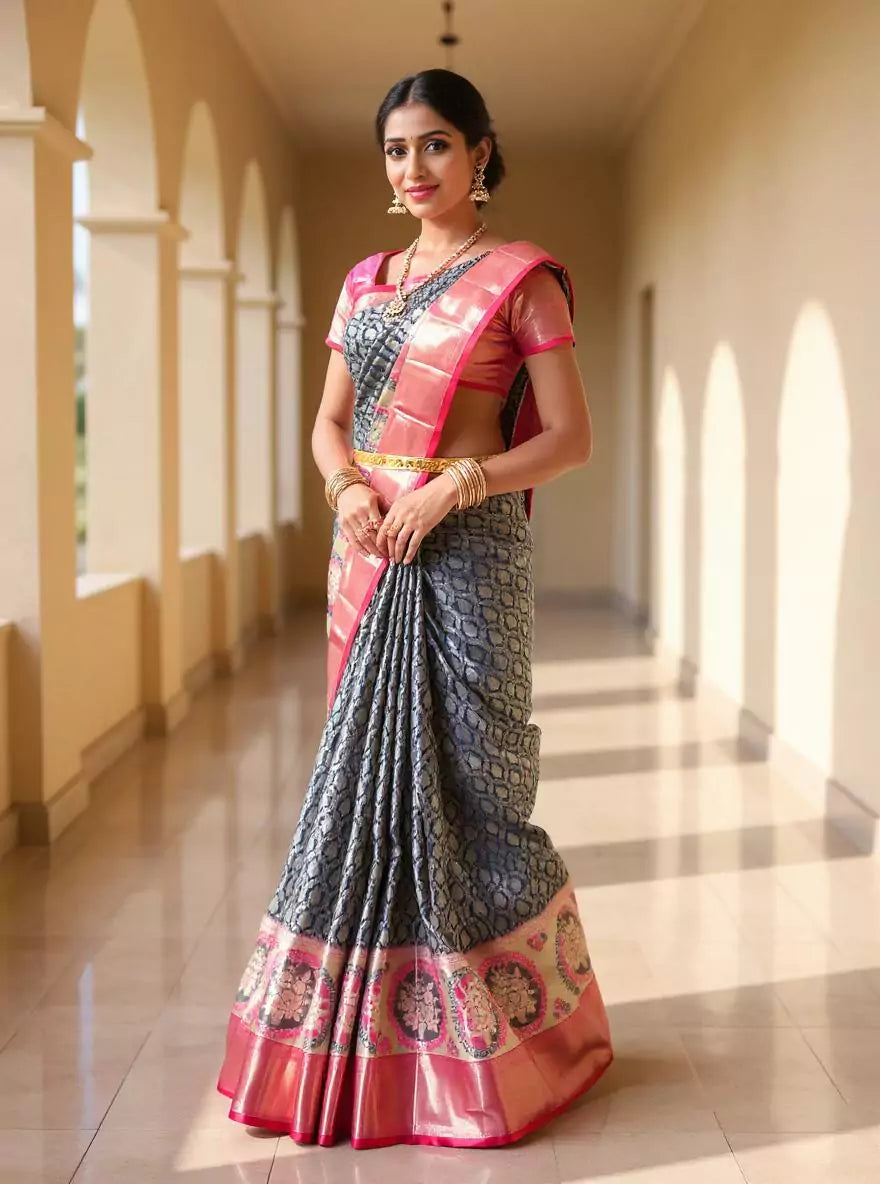 Navy Blue Floral Silver Zari Kanchi Meenakari Silk Saree