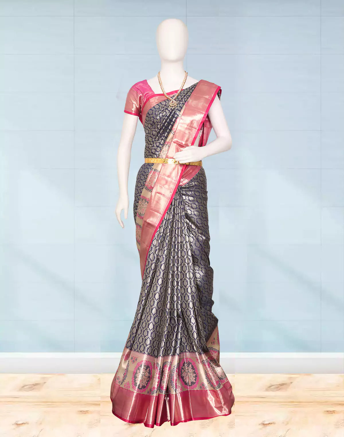 Navy Blue Floral Silver Zari Kanchi Meenakari Silk Saree