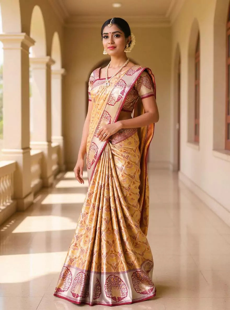 Mustard Floral Kanchi Meenakari Pattu Saree