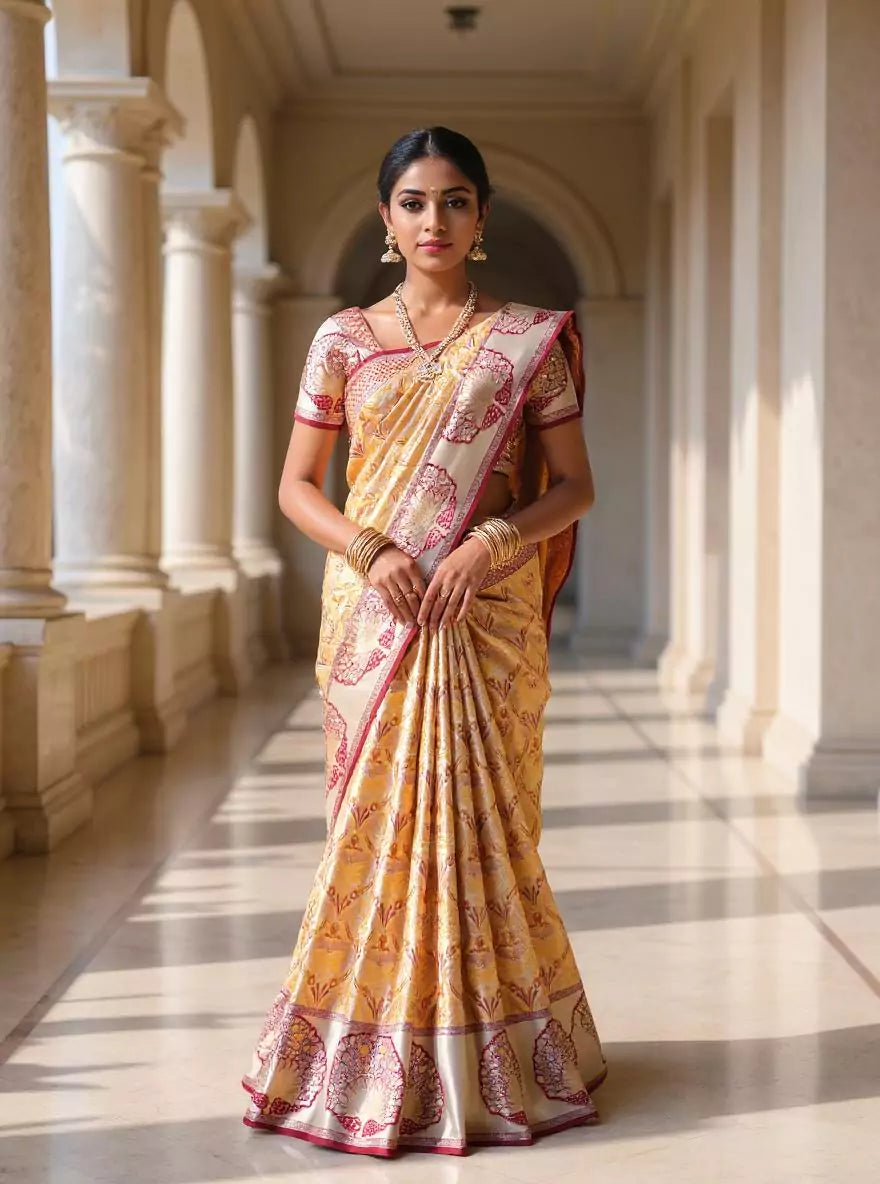Mustard Floral Kanchi Meenakari Pattu Saree