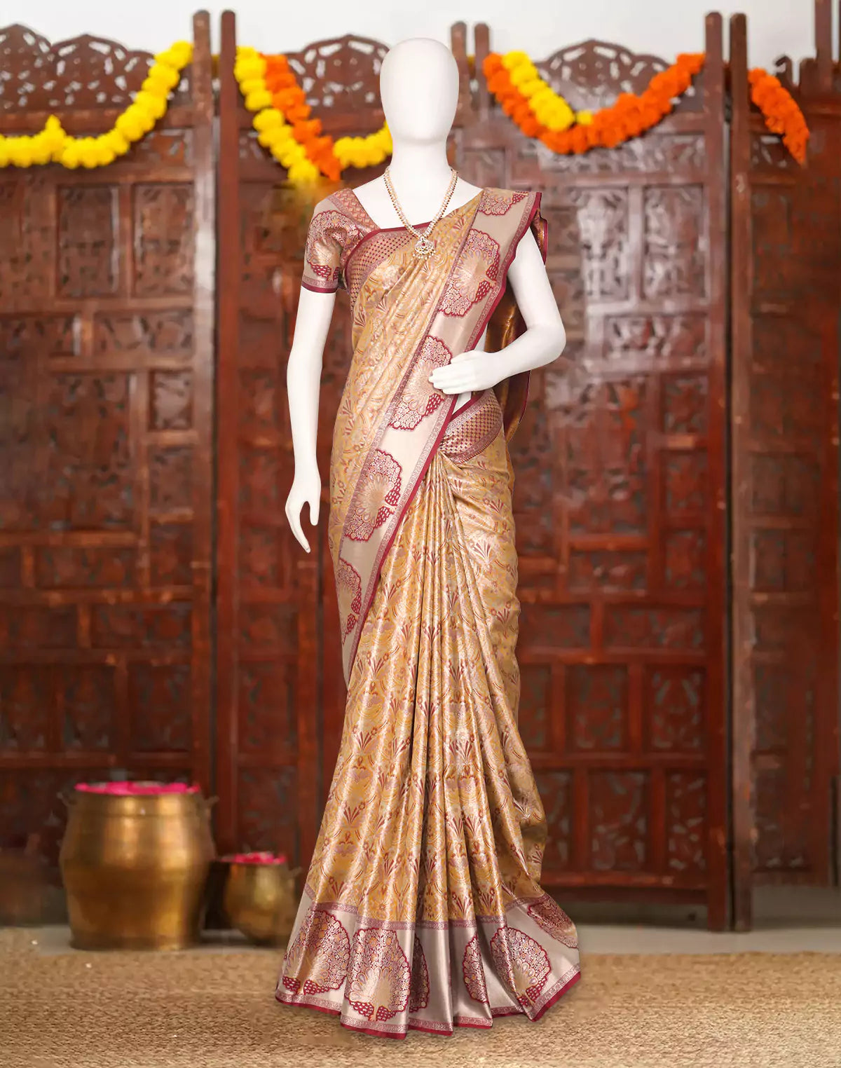 Mustard Floral Kanchi Meenakari Pattu Saree