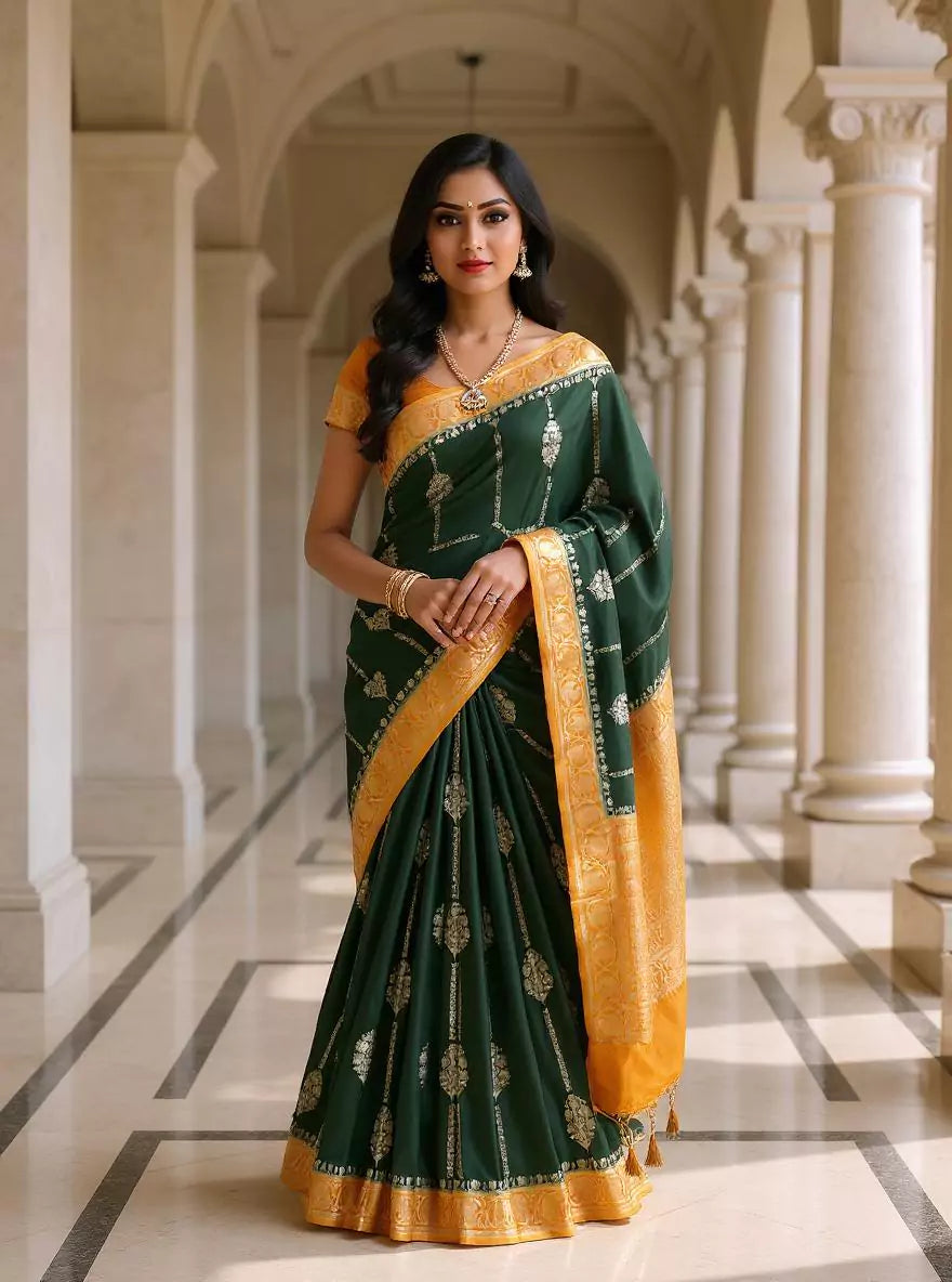 Dark Green Floral Banaras Soft Silk Saree