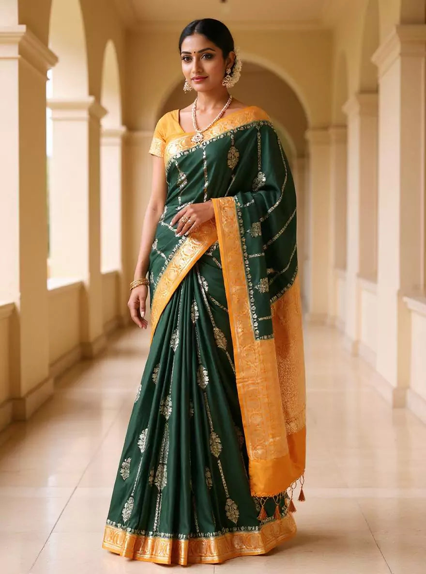 Dark Green Floral Banaras Soft Silk Saree