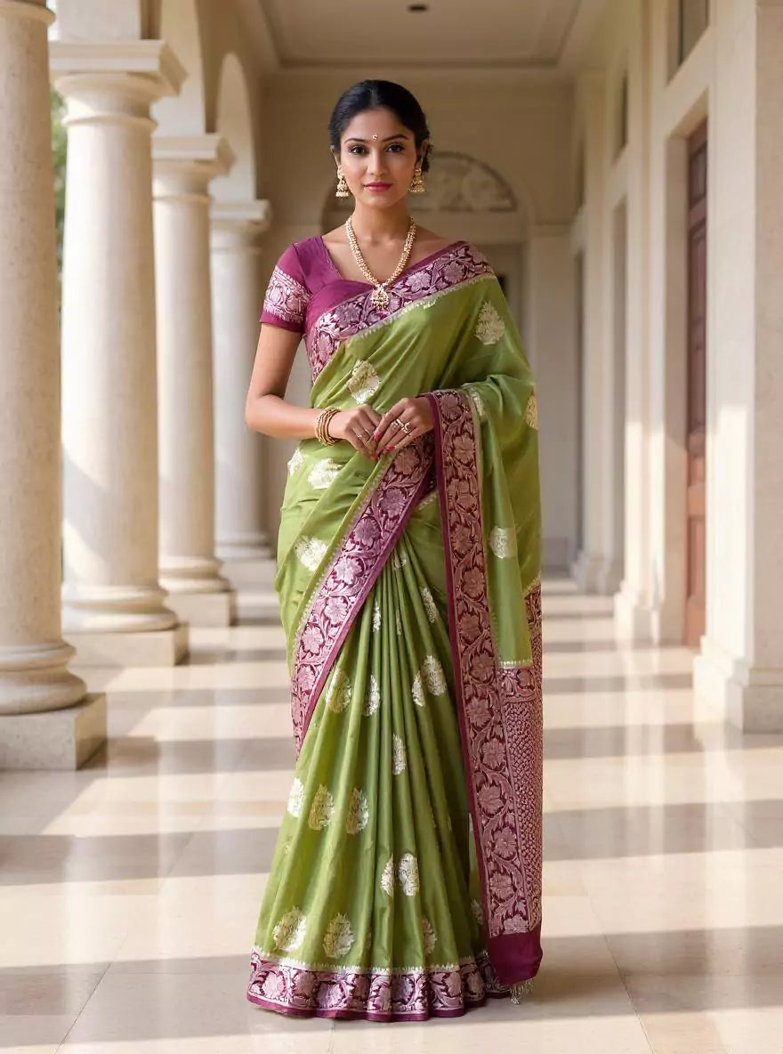 Olive Green Floral Motifs Banaras Soft Silk Saree with Tussels