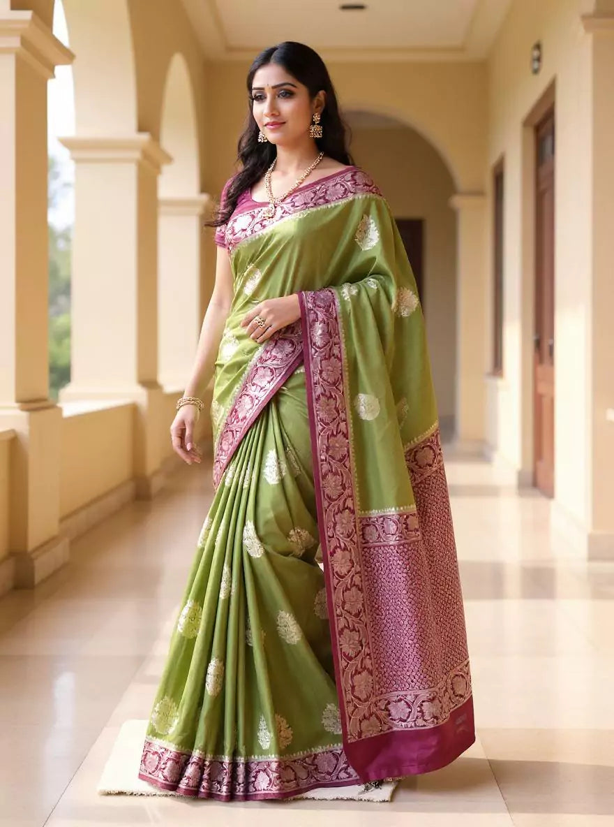 Olive Green Floral Motifs Banaras Soft Silk Saree with Tussels