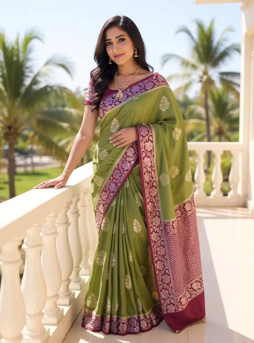 Olive Green Floral Motifs Banaras Soft Silk Saree with Tussels