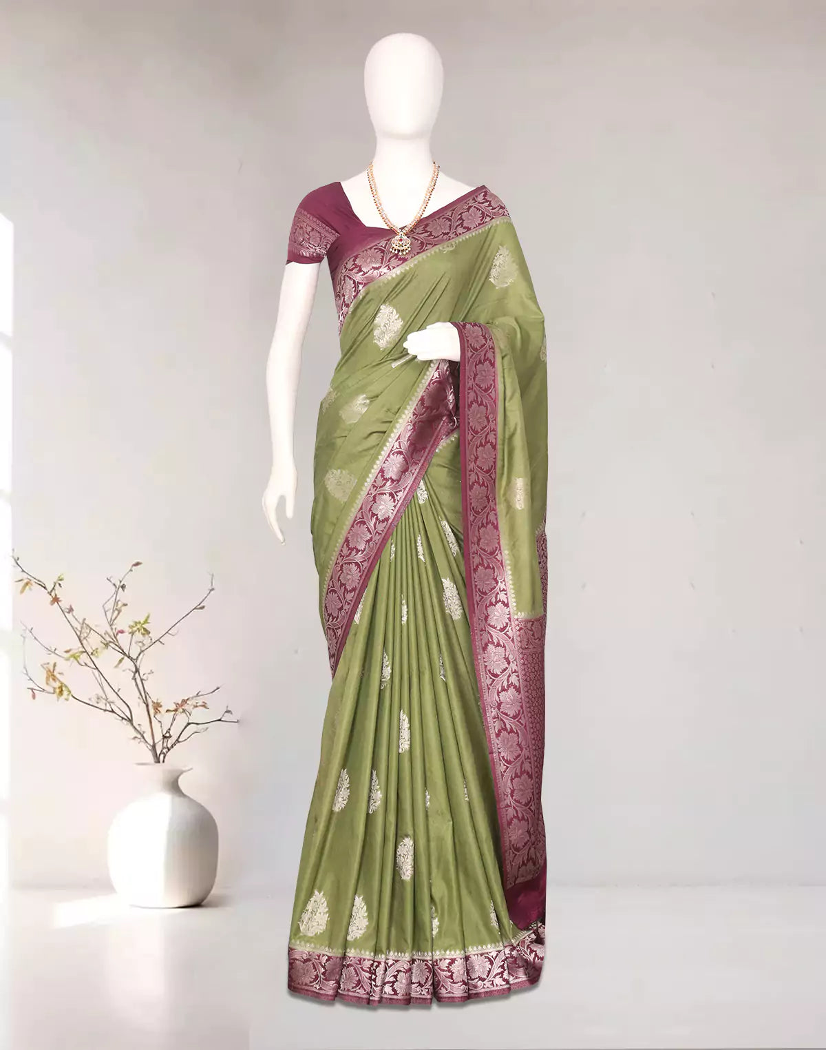 Olive Green Floral Motifs Banaras Soft Silk Saree with Tussels