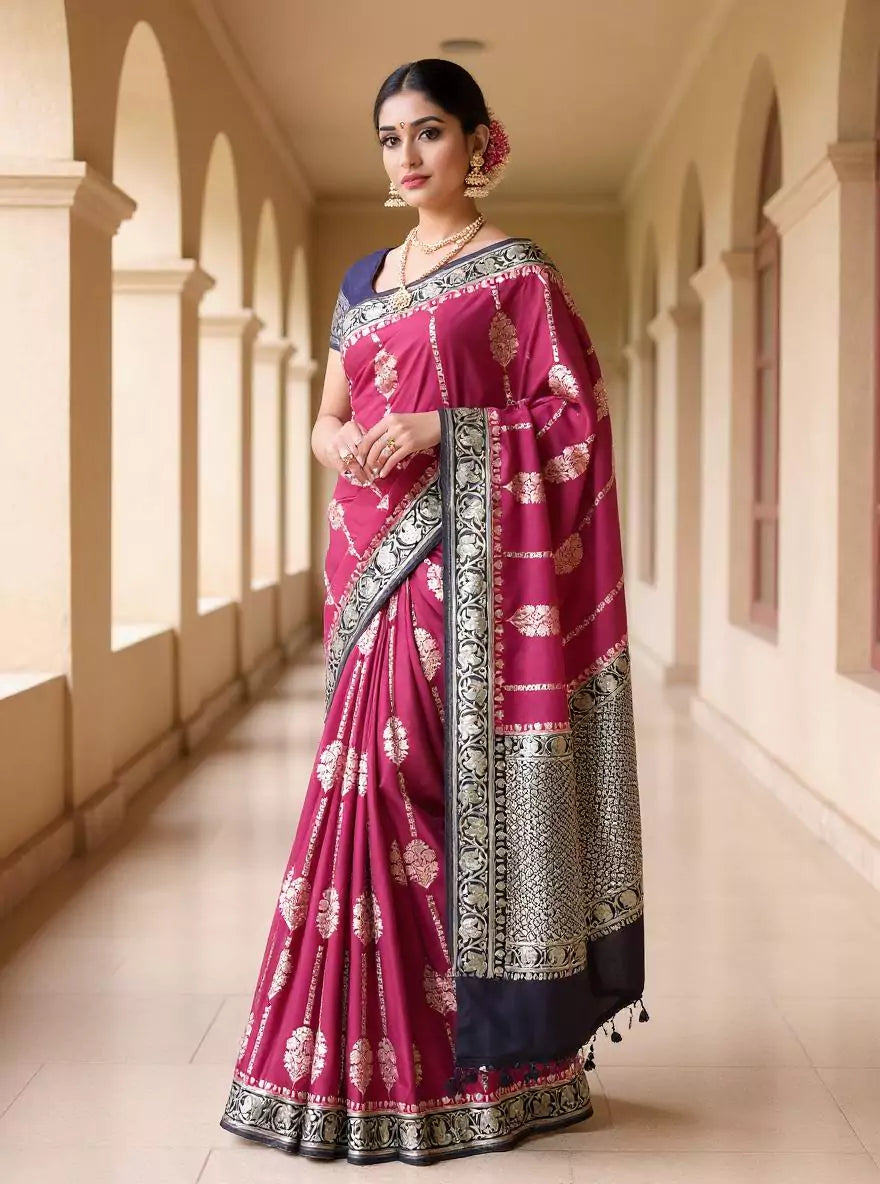 Magenta Floral Banaras Soft Silk Saree