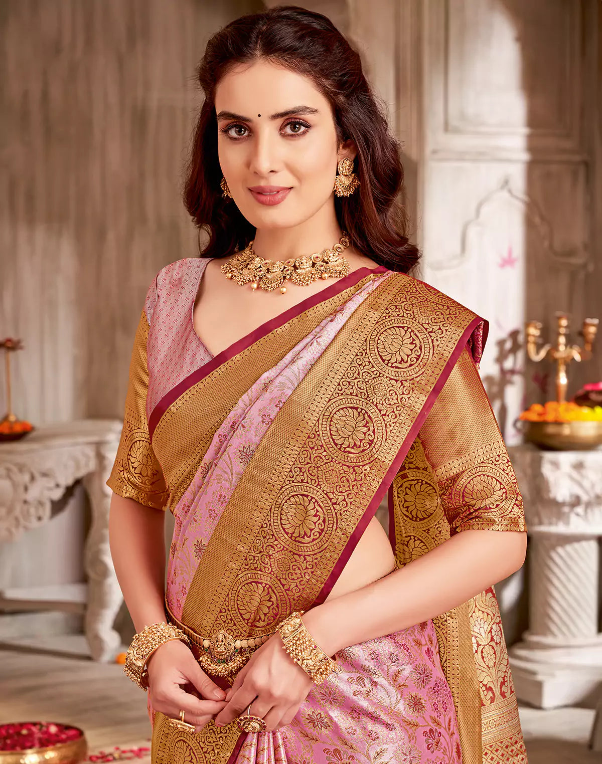 Light Pink Floral Tissue Jaal Semi Silk Fancy Saree