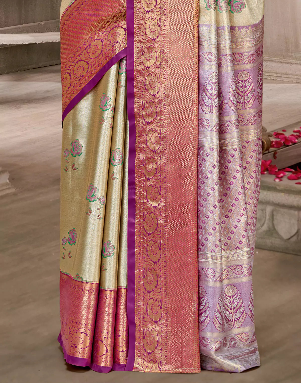 Beige Semi Silk Rose Flowers Butta Tissue Jaal Contrast Saree