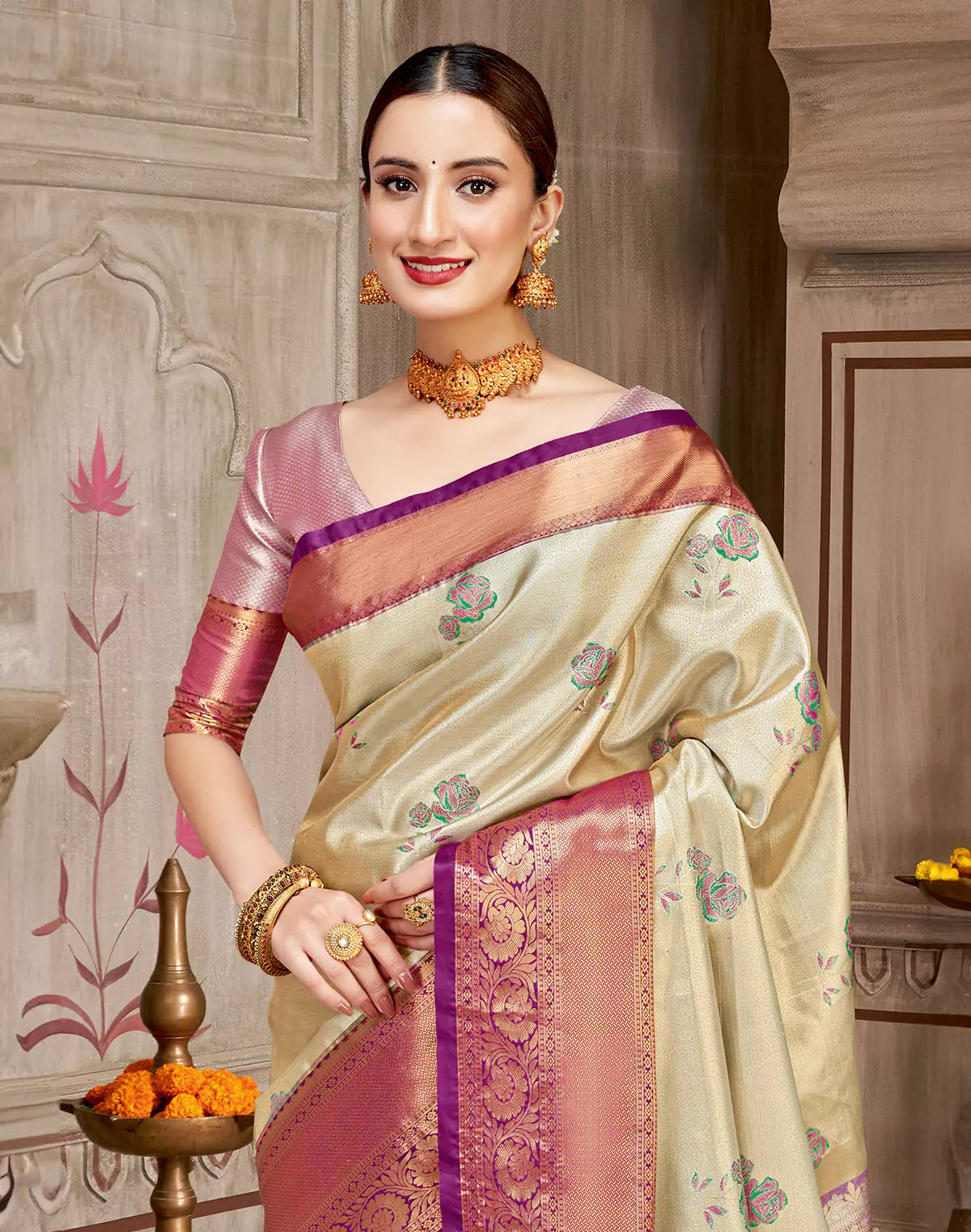 Beige Semi Silk Rose Flowers Butta Tissue Jaal Contrast Saree