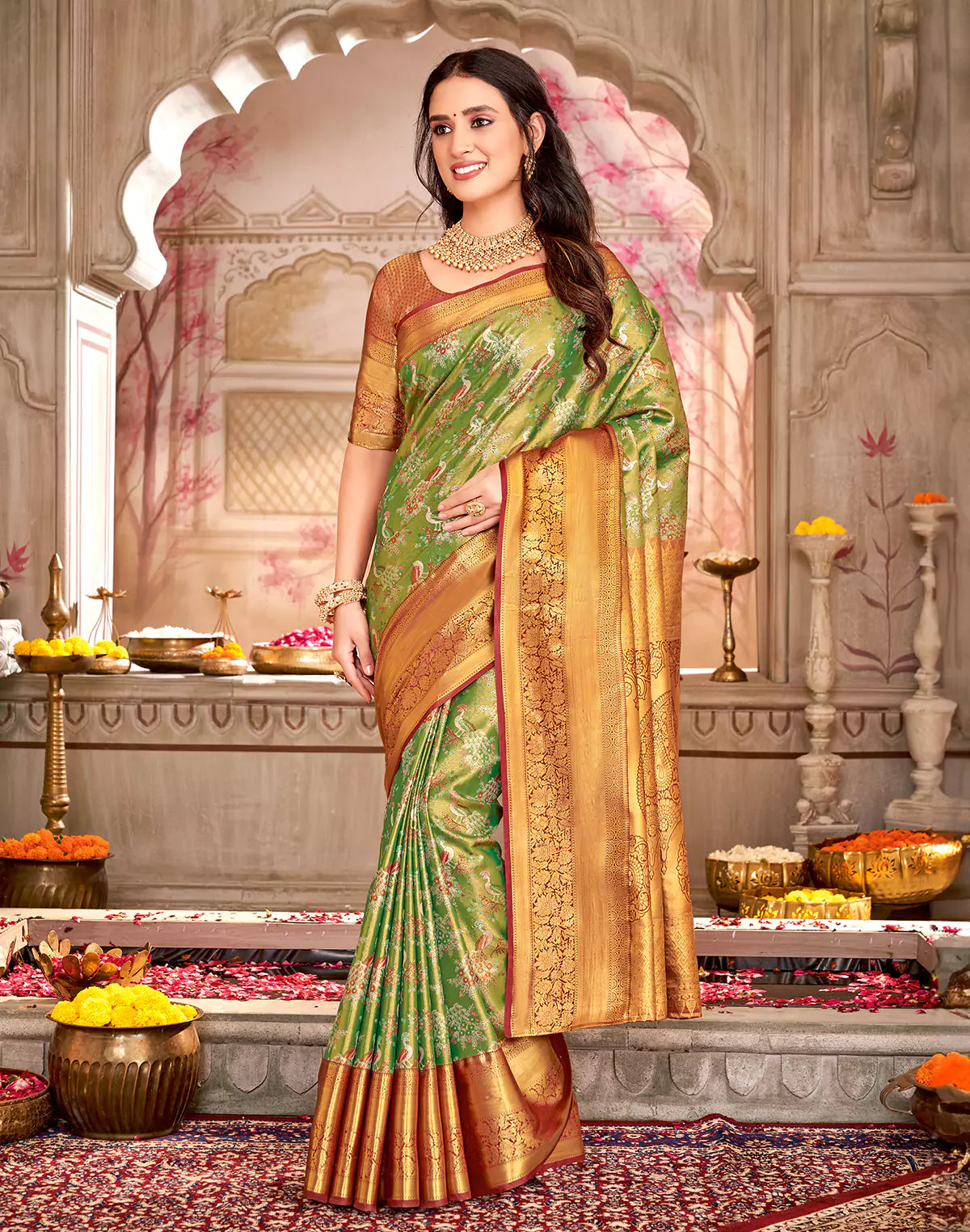 Light Green Semi Silk Tissue Peacock Design Red Border Saree