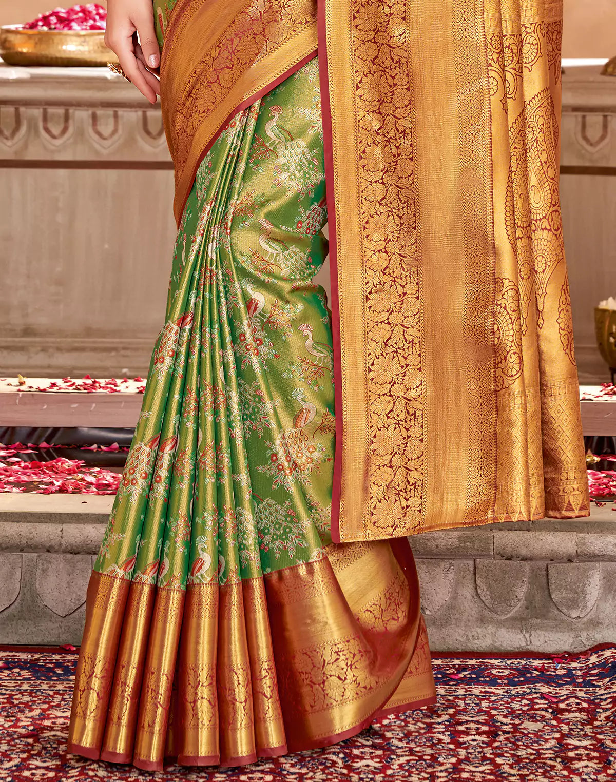 Light Green Semi Silk Tissue Peacock Design Red Border Saree