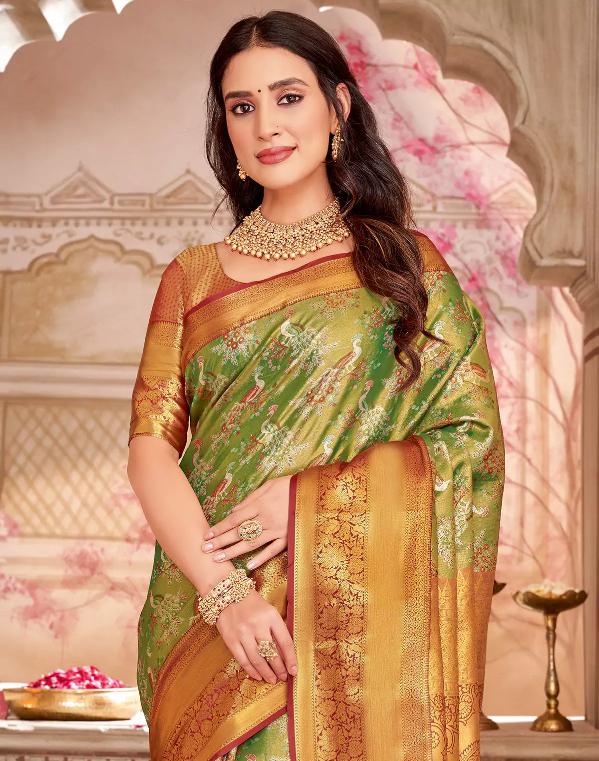 Light Green Semi Silk Tissue Peacock Design Red Border Saree