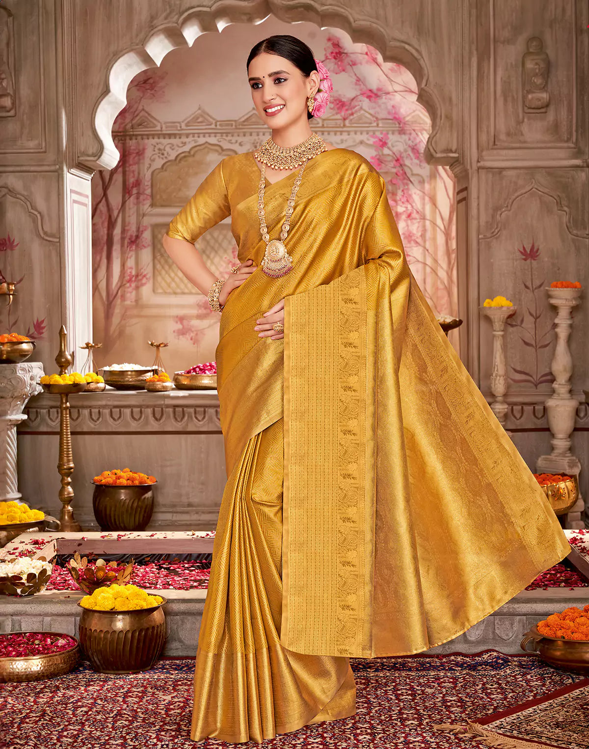 Light Yellow Self Design Semi Silk Saree