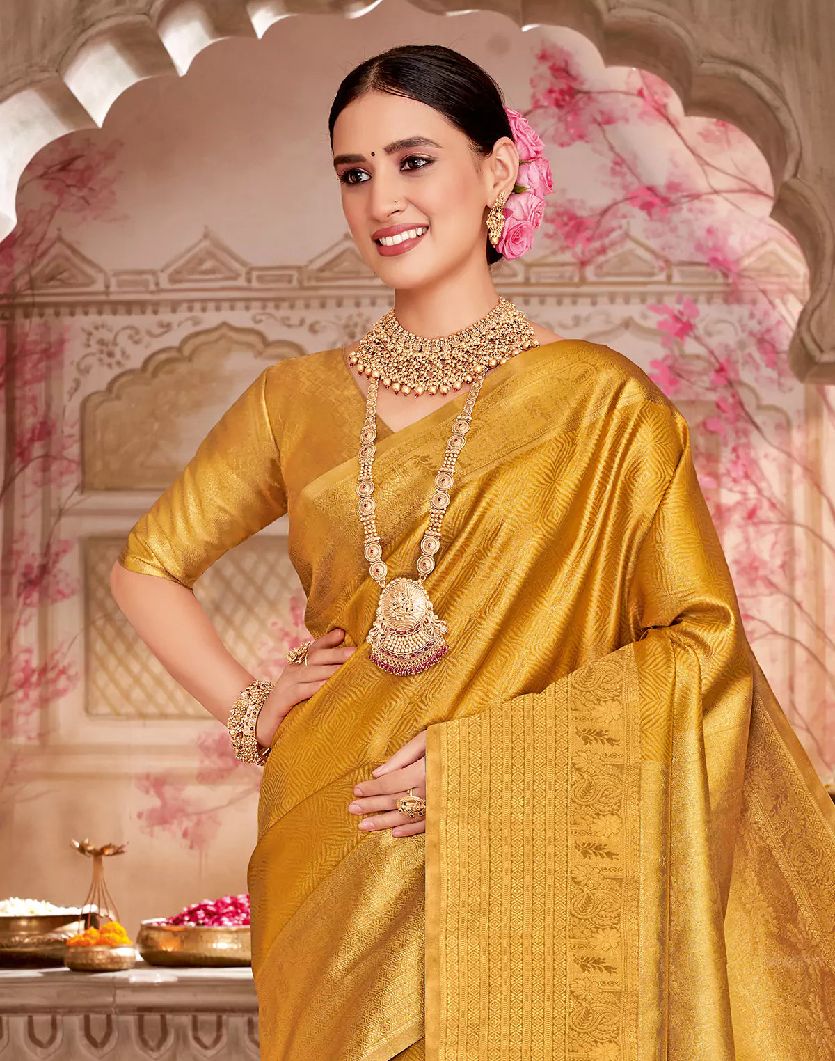 Light Yellow Self Design Semi Silk Saree
